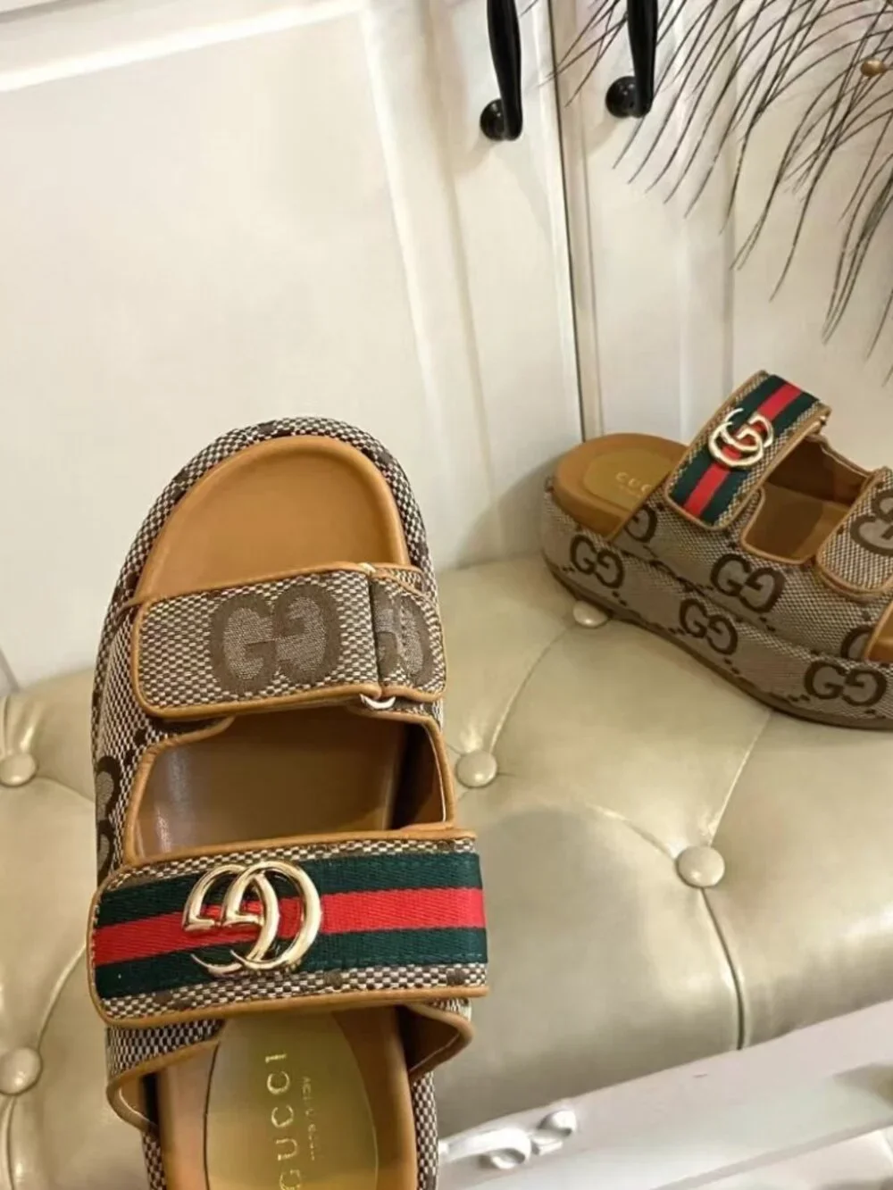 Gucci Monogram Canvas Adjustable Velcro Platform Slides